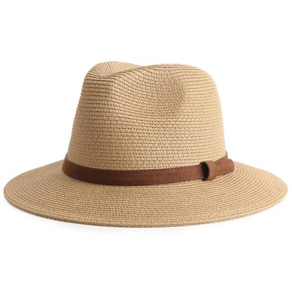 DRESHOW Women Straw Panama Hat Travel Fedora Beach Sun Hat Summer Wide Brim Straw Roll up Hat UPF 50+ - color: Ac Khaki/Belt Buckle