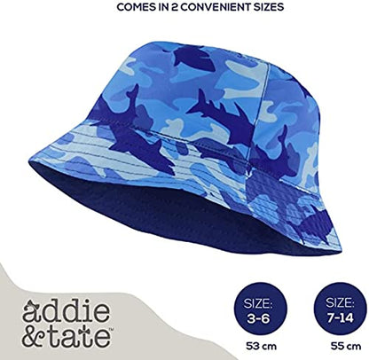 Kids Bucket Hat for Girls & Boys, Packable Fun & Cool Reversible Beach Sun Teen Toddler Bucket Hat - Ages 3-14 Years - color: Blue/Camo Shark, size: 3-7 Years