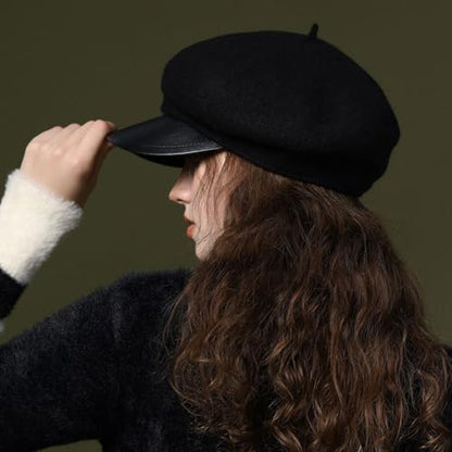 Women Classic Wool Blend Berets Elegant Flat Beret Caps Retro Peaked Cap Hats Autumn Winter Hat Solid Color - color: Black