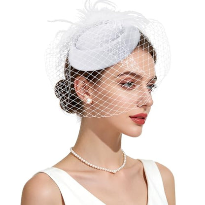Fascinator Hat Veil Feather Fascinator Tea Party Bridal Wedding Veil Retro Hat Pillbox Hat - color: White