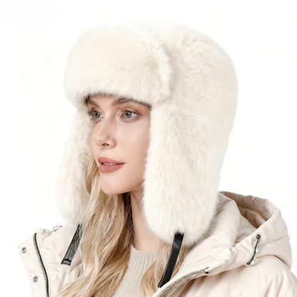 Trapper Hat with Ear Flaps - Winter Russian-Style Fur Pilot Ushanka, Windproof Skiing for Men & Women - color: White02