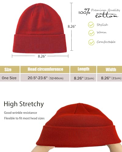 vidsel 100% Cotton Beanie Hat-Unisex Winter Knit Cuffed Beanies Skull Cap - color: 1-red