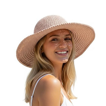 Womens Beach Sun Straw Hat Summer Floppy Wide Brim Foldable Packable - color: Aa Pink