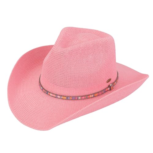 C.C Knitted Cowboy Hat for Women Lightweight Woven Western Hat with Multicolor Trim Band, Wide Brim Summer Sun Hat - color: Pink
