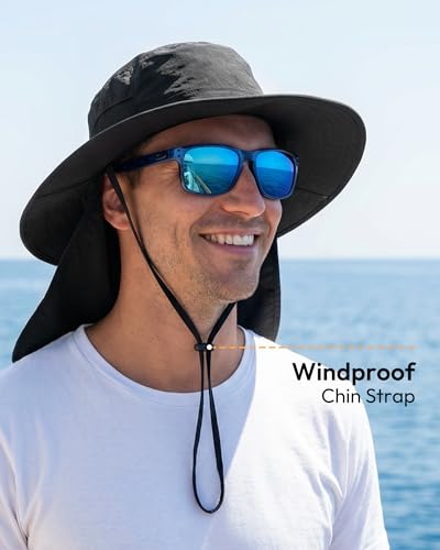 Sun Hats for Men Wide Brim Bucket Hat with Neck Flap for Fishing & Hiking Mens Sun Hat for UV Protection - color: Black