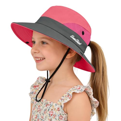 ZOORON Kids Girls Ponytail Sun Hat UPF 50+ Breathable Mesh Water-Resistant - color: Two-tone Watermelon Red
