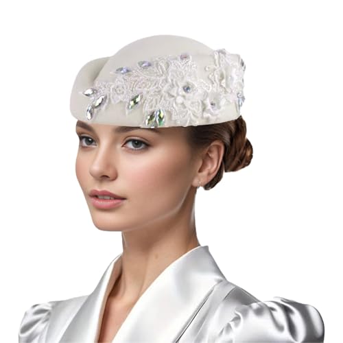 Women Vintage Church Hat Applique Felt Pillbox Hat Fascinator Tea Party Cap - color: White