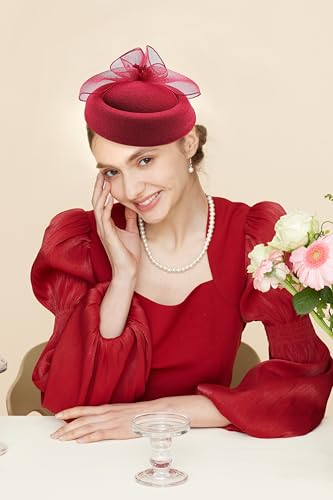 Gionforsy Fascinators Hats Pillbox Tea Party Fascinator Hats for Women - color: Winered