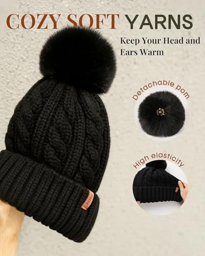 FURTALK Satin Lined Winter Hat for Women Knit Warm Beanie with Pom Pom - color: Black