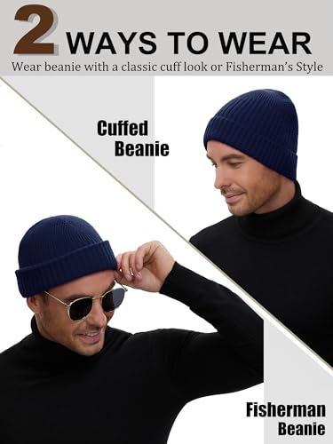 Wool Short Fisherman Beanie for Men Women Double Cuffed Skull Caps - color: 1pcs-navy Blue