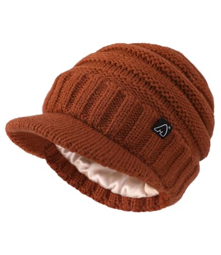 Hat Hut Beanie Hats for Women Men Satin Lined Winter Hats for Women Slouchy Beanies Satin Lined Beanie with Brim Visor - color: Dark Orange