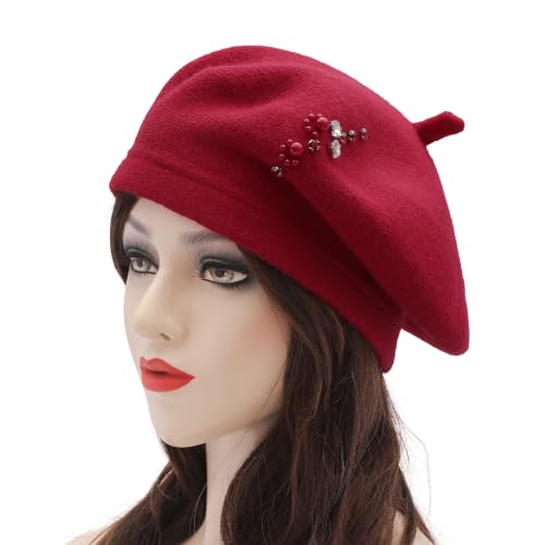 ZLYC Women French Beret Hat Winter Knitted Stretchable Beret Artist Cap - color: Rhinestone Red