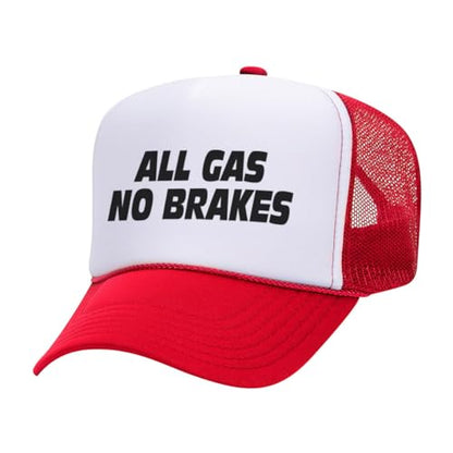 All Gas No Brakes Foam Trucker Cap Adjustable Mesh Back Hat - color: White/Red