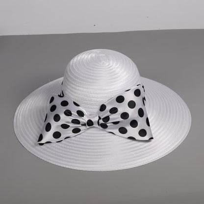 Women Wide Brim Rose Black Patchwork Kentucky Hat for Wedding Party Hat Big Bowknot Polka Dots Fedora Hats - color: White
