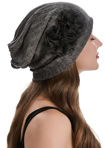 ZLYC Women Slouchy Beanie Hat Summer Knit Chemo Headwear - color: Flower Dark Gray