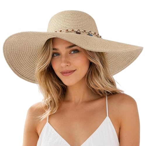 Women's Straw Sun Hat UPF80 UV Protection Foldable Wide Brim Summer Hat Sweatband Adjustable Floppy Beach Hats for Women - color: Beige-shell