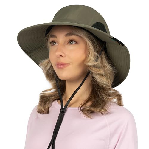SUN CUBE Wide Brim Sun Hat for Men & Women, UPF 50+ UV Protection, Mesh Boonie Hat with Chin Strap, Fishing Hiking Hat - color: Olive