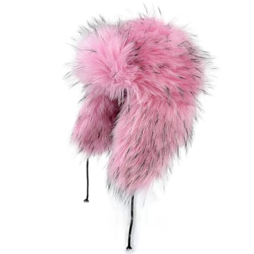 Y2K Faux Fur Russian Hat, Soft, Warm Winter Trapper Hat with Earmuffs for Men and Women - color: Pink