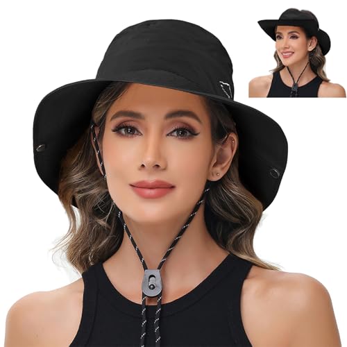 Sun Hats for Women Bucket Hat UV Protection Fishing Hat Wide Brim Safari Hats 2 in 1 Zip-Off Sun Visor Hats UPF 50+ - color: 1pack-black