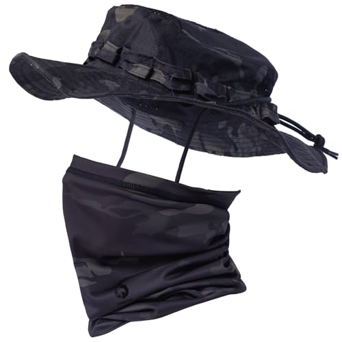 Camo Boonie Sun Hat with Face Mask UV Protection Fishing Hat Bucket Hat for Hunting Hiking Military Tactical Safari - color: Camo Cp Black