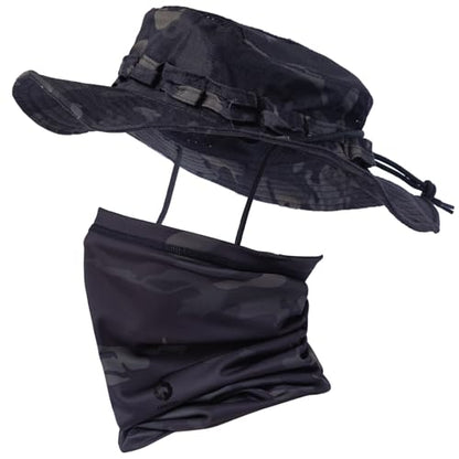 Camo Boonie Sun Hat with Face Mask UV Protection Fishing Hat Bucket Hat for Hunting Hiking Military Tactical Safari - color: Camo Cp Black