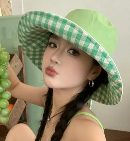 Sun Hats for Women Reversible Plaid Sun Cap Bucket Hat Wide Brim UV Protection Beach Hats 2025 Summer Travel Cap Fishing Hat - color: Green