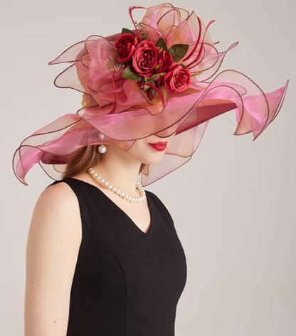 Women Derby Church Hat Organza Flower Wedding Tea Party Fascinator Wide Brim Sun Hat - color: 13-sunset Red
