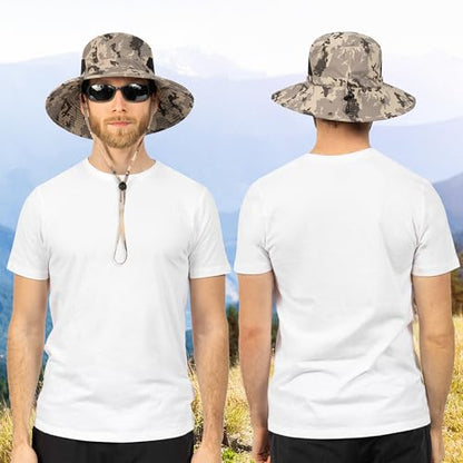 SUN CUBE Wide Brim Sun Hat for Men & Women, UPF 50+ UV Protection, Mesh Boonie Hat with Chin Strap, Fishing Hiking Hat - color: Camo Grey