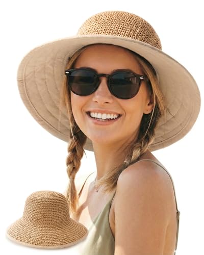 FURTALK Womens Hand-Woven Straw Sun Hat UPF 50+ Packable Summer Wide Brim Beach Linen Lining Bucket Hat with Chin Strap - color: Khaki
