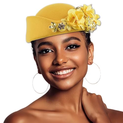 Women's Retro Stewardess Felt Hat, British Berets, Rhinestone Flower Decor, Ladies' Church Derby Hat - color: Yellow