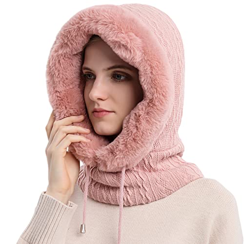 HUAMULAN Women Cable Knit Balaclavas Winter Fleece Lined Beanie Hat - color: Pink