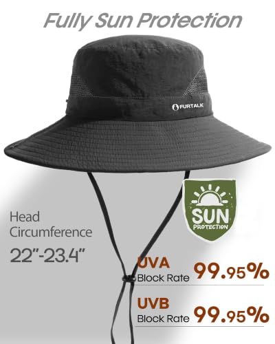 FURTALK Mens Bucket Sun Hat UPF Protection Wide Brim Breathable Fishing Hat - color: Black