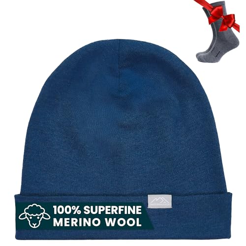100% Merino Wool Beanie for Women, Men - Set Adult Skull Cap 17.5um & Socks - color: Denim, size: Small-Medium