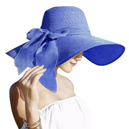 Lanzom Womens 5.7 Inches Big Bowknot Straw Hat Large Floppy Foldable Roll up Beach Cap Sun Hat UPF 50+ - color: Royal Blue