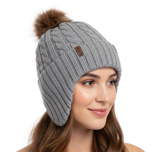 Comhats Wool Beanie with Ear Flaps and Removable Pompom, Winter Warm Hat - color: 95566a_grey