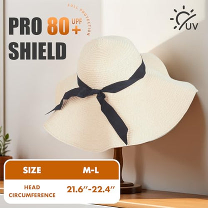 Barelove Sun Straw Hat Wide Brim Shape Hat with UPF 80+, Packable Foldable Floppy Summer Beach Hat for Women Men - color: Beige-wide