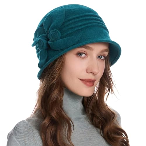 ZLYC Women Wool Cloche Bucket Hat 1920s Vintage Winter Hat with Flower - color: Solid Peacock Blue