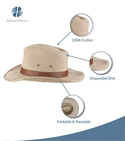Dorfman Hat Co. - Saguaro -Men’s Twill Outback Hat -Garment Washed Twill -Faux Leather Band - UPF 50+ - color: Khaki, size: Large
