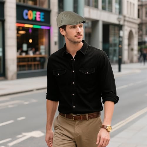 meioro Men's Leather Newsboy Hat Adjustable Flat Cap Classic Golf Newsboy Cap Gatsby Ivy Caps Driving Fishing Beret Hats - color: Army Green