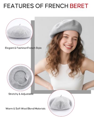 French Beret Hats for Women - Wool Solid Color Beanie Cap - color: Melange Grey
