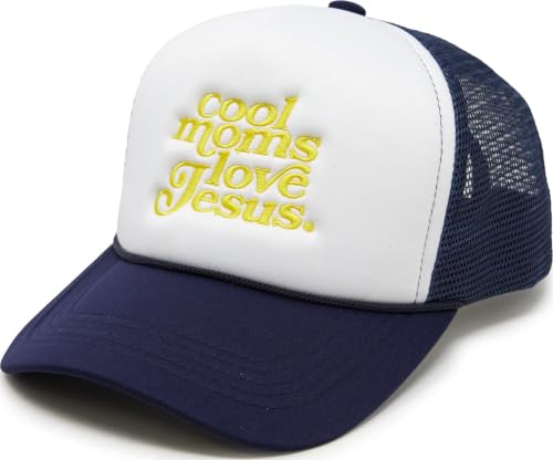 Funky Junque Premium Mesh Snapback Trucker Hat - Stylish Comfort for All - Patriotic, Humor & More - color: Cool Moms Love Jesus - White/Navy