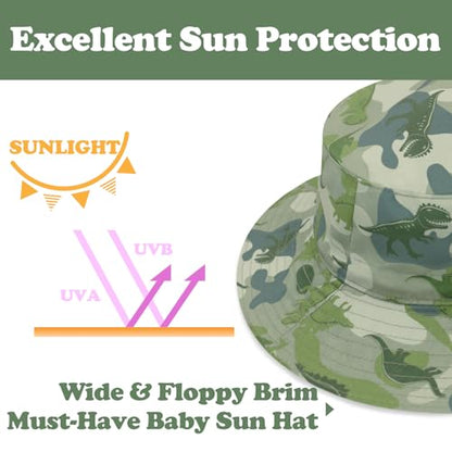 Sarfel Baby Sun Hat Summer Baby Boy Hats UPF 50+ Sun Protection Toddler Hat Bucket for Baby Girl Adjustable Kid Cap - color: Army Green Camo Dinosaurs, size: 2-7 Years