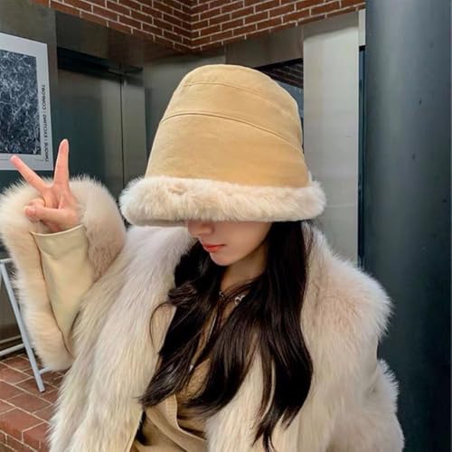 XYX Women Winter Knit Fleece Lined Bucket Hat Beanie Hat Rolled Brim Faux Fur Crochet Skull Cap - color: Beige