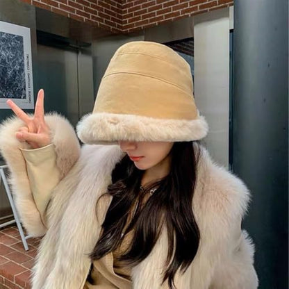 XYX Women Winter Knit Fleece Lined Bucket Hat Beanie Hat Rolled Brim Faux Fur Crochet Skull Cap - color: Beige