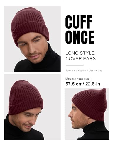 vidsel 50% Wool Double Cuff Beanie Hat for Men Women, Warm Winter Knit Cap - color: Burgundy