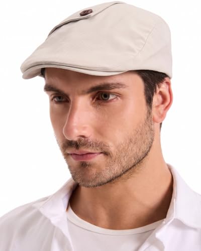 ZLYC Men Cotton Flat Cap Summer Scally Newsboy Beret Driver Hat - color: Button Decor Beige