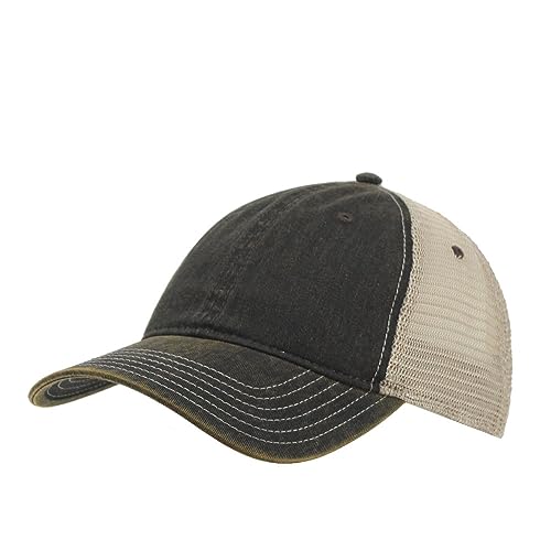 The Vintage Year Distressed Cotton Unstructured Soft Mesh Breathable Adjustable Dirty Wash Dad Hat Trucker Baseball Cap - color: Dirty Wash Black/Khaki