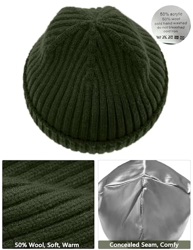 Satin Lined Wool Acrylic Blend Beanie Hat Women Men, Winter Knit Cap - color: Army Green