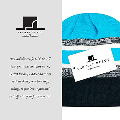 Winter Knit Beanie Hat with Pom Pom – Warm Cuffed Slouch Ski Cap for Men & Women - color: 2.black and Turquoise