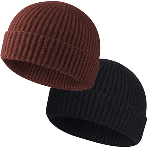 ROYBENS Wool Fisherman Beanies for Men Knit Short Watch Cap Winter Warm Hat - color: 2pc Black+dark Coffee